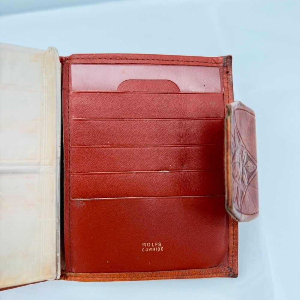 Rolfs Cowhide Wallet VTG Tooled Leather Kiss Lock Brown Retro‎ Photo Flap Womens - Picture 8 of 16